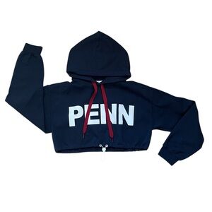Penn Quakers Cropped Hoodie Oversized Adjustable Hem Navy Blue, White, Red, M
